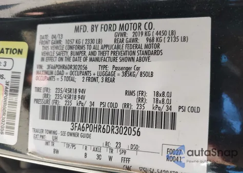 2013 Ford Fusion Se z USA, uszkodzony, nr VIN 3FA6P0HR6DR302056
